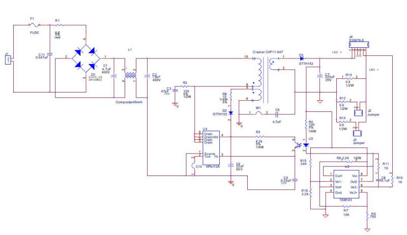 White LED driver constant current isolated offline circuit diagram